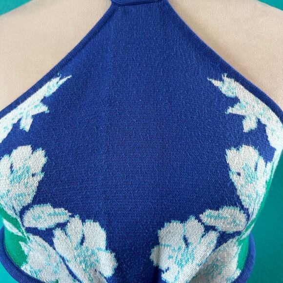 FARM Rio Soft Garden Knit Dress Blue Floral Halter Cut Out Maxi Vacay Size XS - Picture 5 of 11